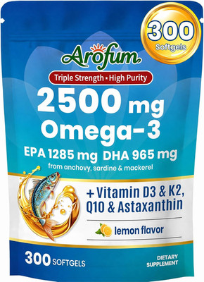 Omega 3 Fish Oil D3 K2 300 Softgels EPA DHA CoQ10 Astaxanthin Lemon Burpless