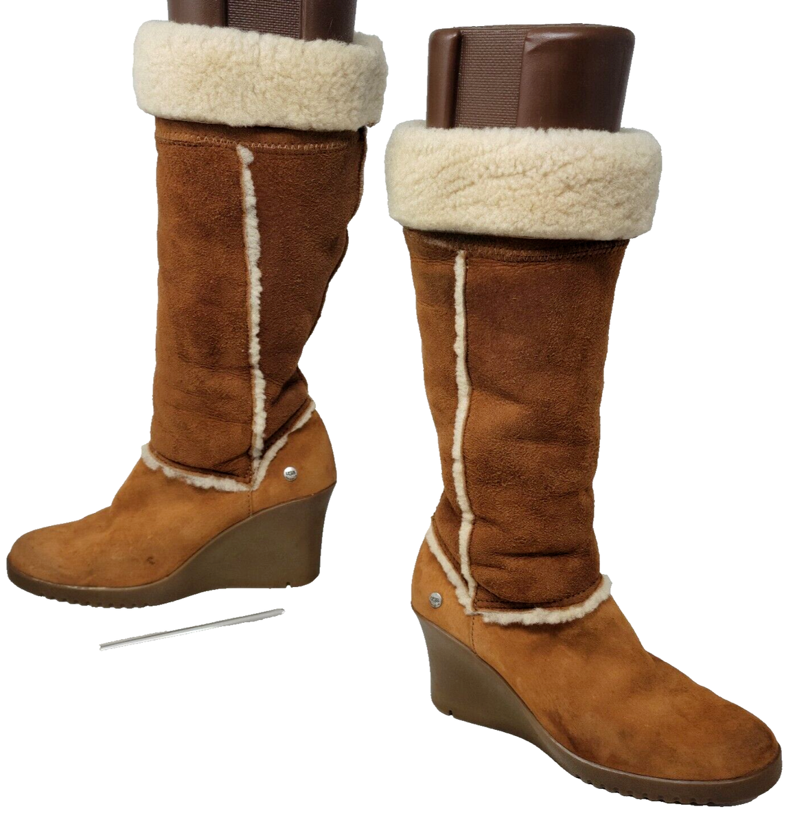 【NONCODE】wooden suede ugg boots UGG Women's 7 Sandra Tall Brown Suede Shearling Wedge Boots
