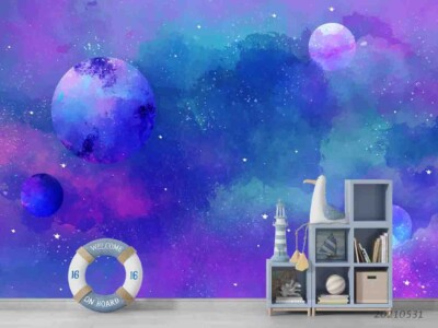 3D Planet Space Watercolor Self-adhesive Removable Wallpaper Murals 3