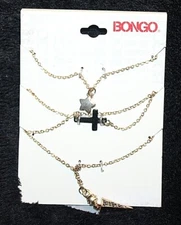 BONGO 3 Pc Cross, Star, & Jeweled Pyramid 18" Gold Tone Charm Necklace Set