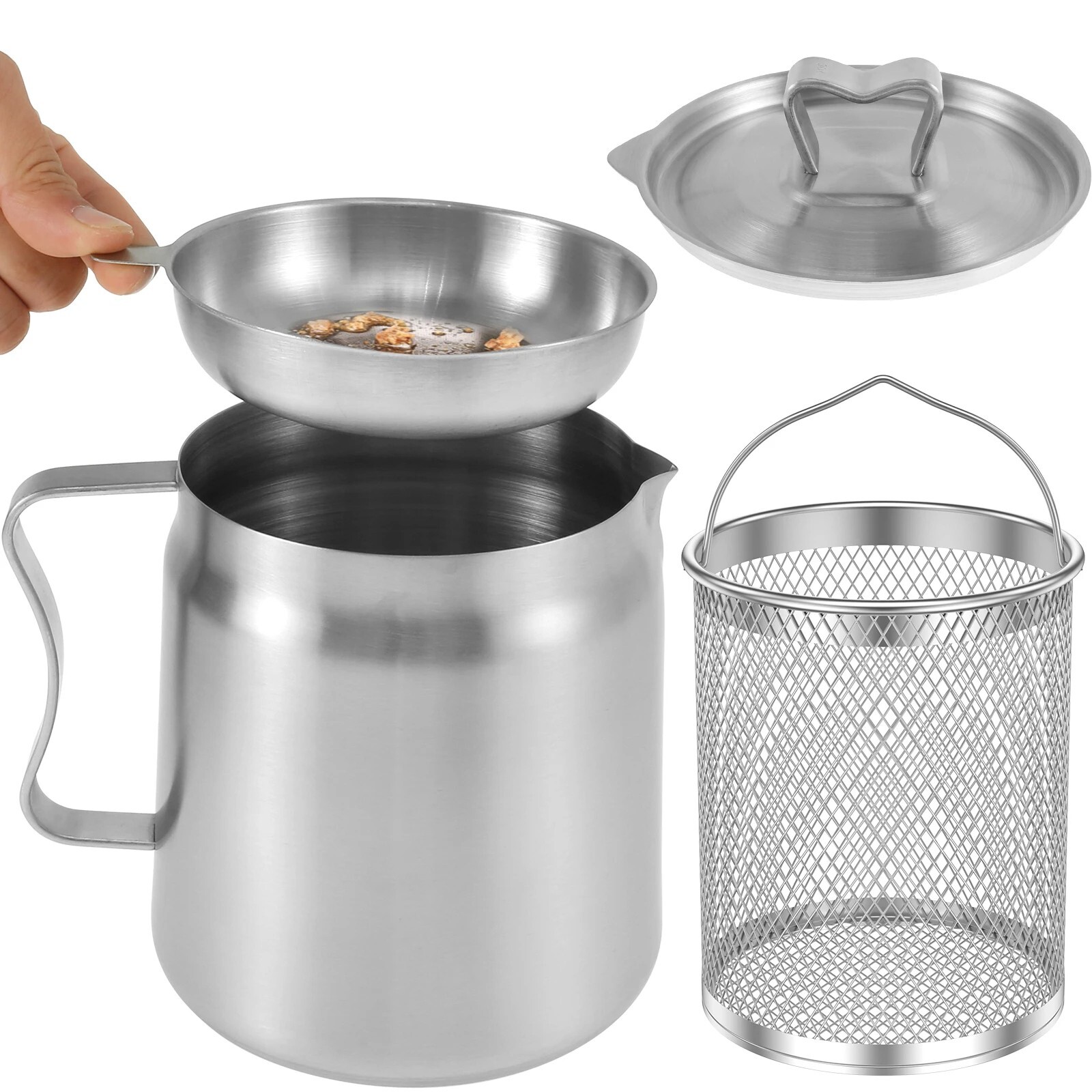 2/1.5L Stainless Steel Oil Pots with Fine Mesh Strainers Grease Storage Can