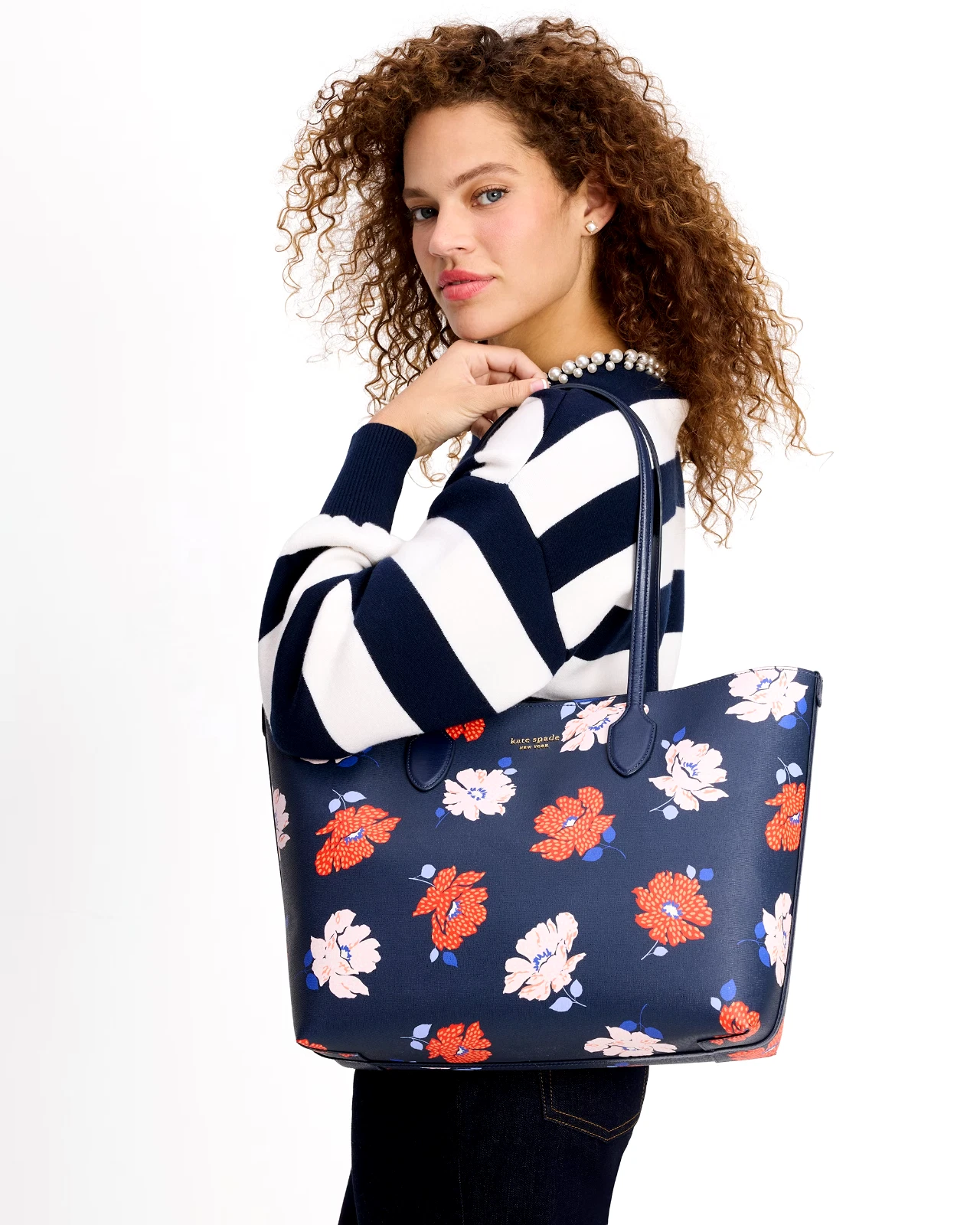 Nuova borsa Kate Spade Bleecker Dotty floreale grande saffiano tote parigina blu navy polvere