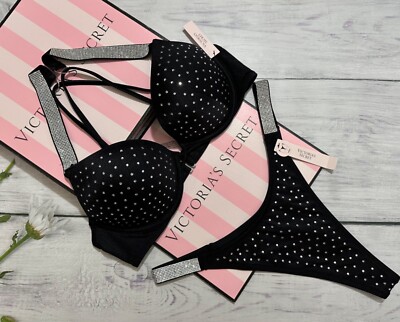 Victoria s Secret Shine Strap Swim Bombshell +2 cups Push-up Thong Set Black