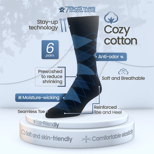 Men's Cotton 6 Pack Dress Solid Argyle Dotted Striped Socks Large 10-13 Black - Picture 2 of 9