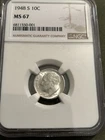 1948 S ROOSEVELT SILVER DIME NGC MS 67. BETTER DATE. 🔥🔥