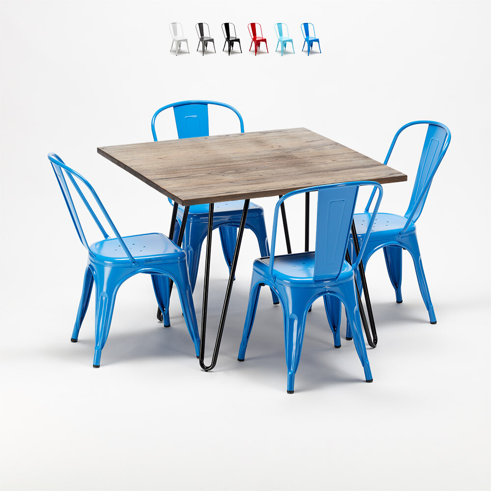Juego de mesa cuadrada de madera y sillas metálicas de diseño Tolix...