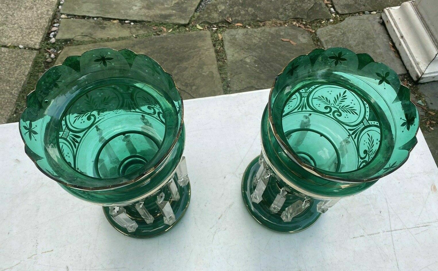 PAIR OF ANTIQUE VICTORIAN ART GLASS MANTLE LUSTERS EMERALD GREEN & GILT