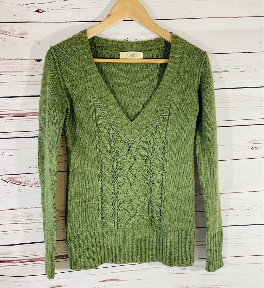Old Navy Womens Sweater Size Small Green Wool Angora Rabbit Cable Knit  V-Neck