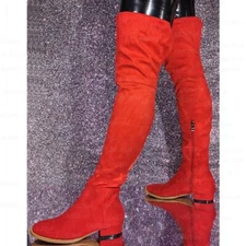 Women Thigh High Boots Side Zip Faux Suede Round Toe Low Heels Tall Boots Ladies