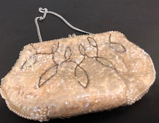 Vintage LA REGALE Ivory White Cream Sparkle Sequin Satin Purse Clutch Free Ship