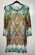 Chico's Paisley Sheath Dress Womens M Size 1 Aqua Blue Cold Shoulder Slit Sleeve