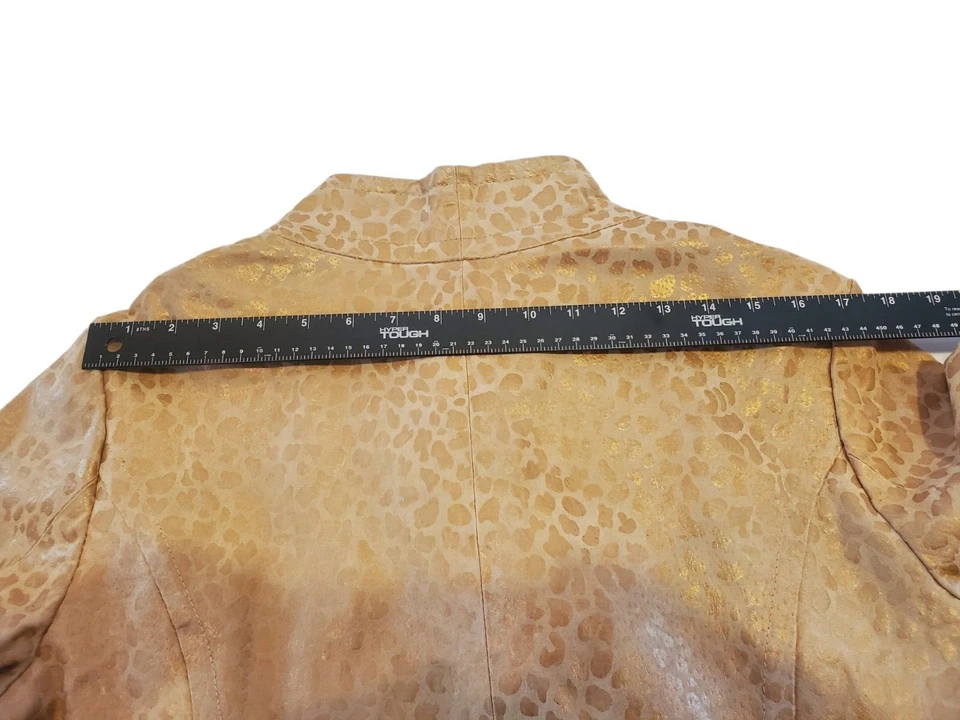 Jaqueta feminina de couro camurça LAL XL forrada de leopardo bronzeado metálico dourado NOS - Imagem 4 de 4