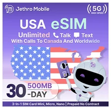 Jethro Mobile 1 Month Prepaid eSIM Card with Unlimited Talk & Text, 500MB Data