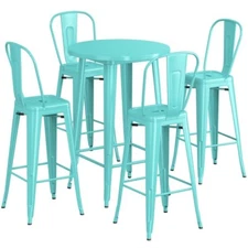30" Round Seafoam Metal Restaurant Bar Table Set with 4 Cafe Barstool Chairs