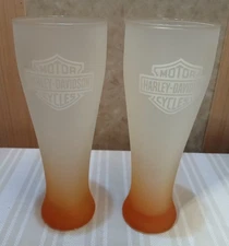 2 Pcs Harley-Davidson Bar Shield Logo Frosted Glasses 20 oz Orange Gradient