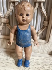 TOD-L-TIM Baby Doll Sun Rubber Squeaky Toy USA Vintage 50s Boy Blue Outfit Shoes
