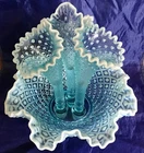 VINTAGE FENTON ART GLASS BLUE OPALESCENT DIAMOND LACE HOBNAIL 10" EPERGNE