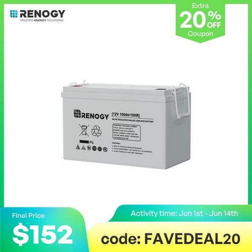 Renogy Deep Cycle AGM Battery 12 Volt 100Ah 1100A Max Discharge Current Off-Grid