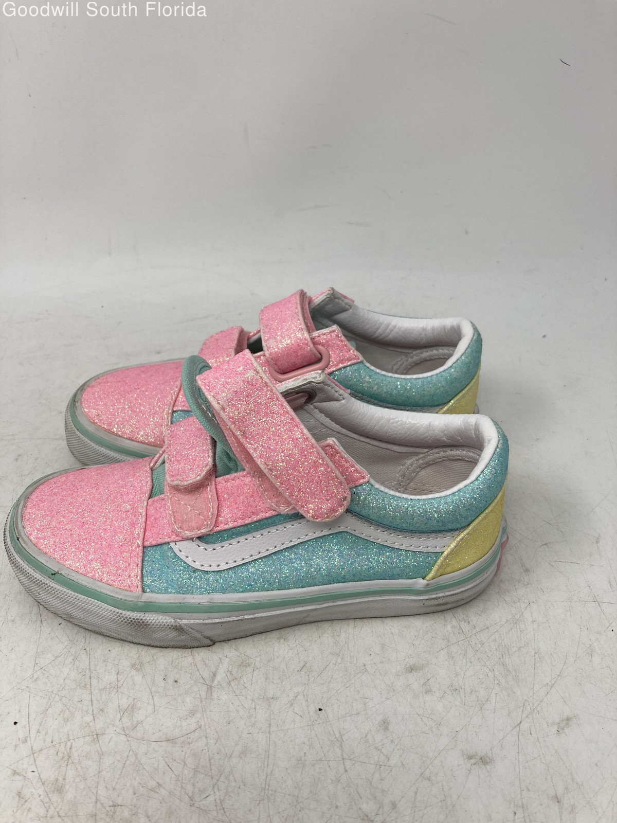 Vans Girls Old Skool Green Pink White Hook And Loop Sneaker Shoes Size 12.5