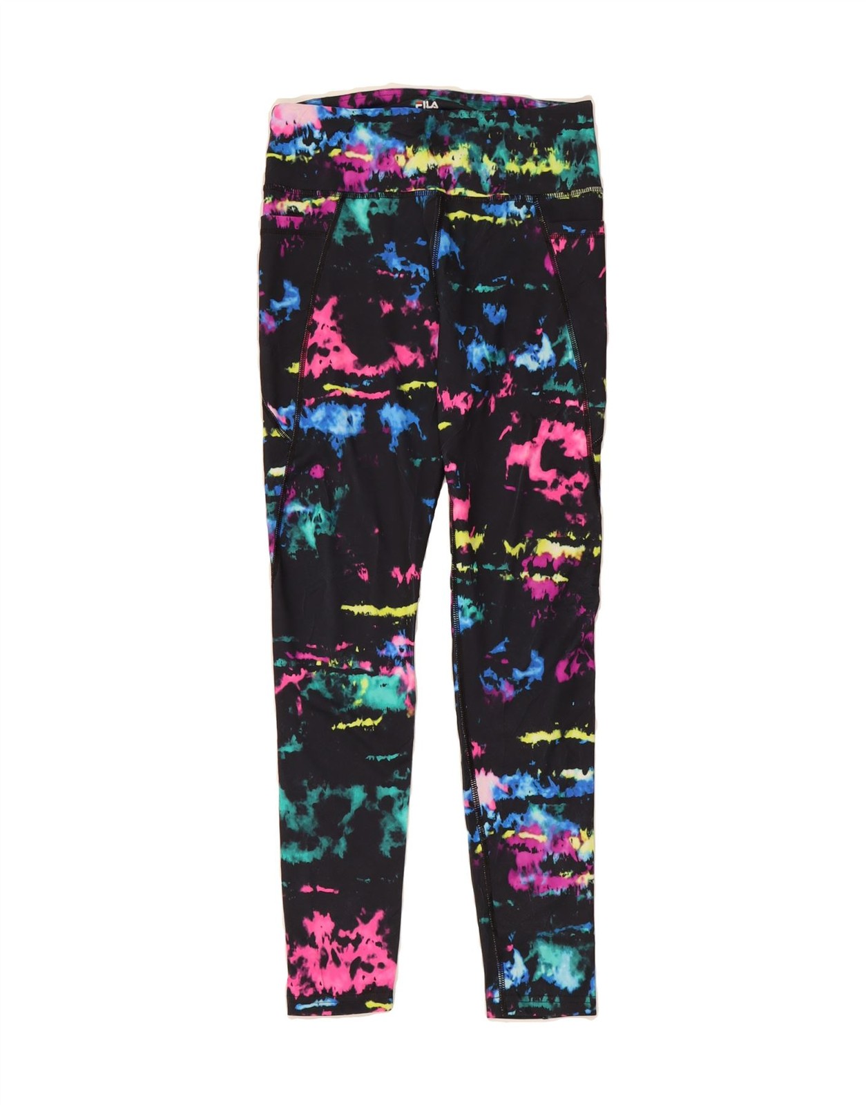 FILA Leggings Donna UK 12 Medium Nero Tie Dye Poliestere BP04