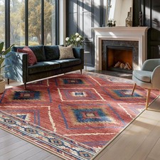 Teppich Wohnzimmer 240x300 cm Kurzflor Vintage Boho Rug Rot-Orange