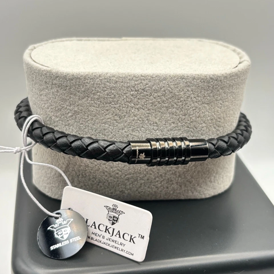 Blackjack BJB210G Mens Black Leather Gold Plated Steel Carbon Fiber Bracelet NWT - Image 4 of 4