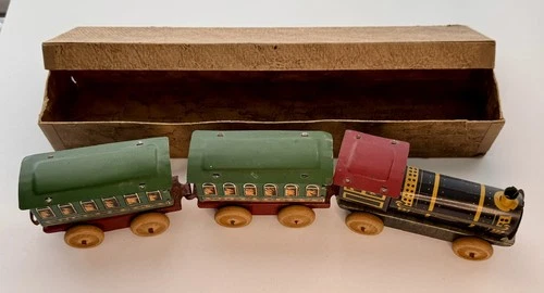 Antique Wolverine Tin Litho Toy Train Set w/ Box Wood Wheels 1930s Prewar VTG