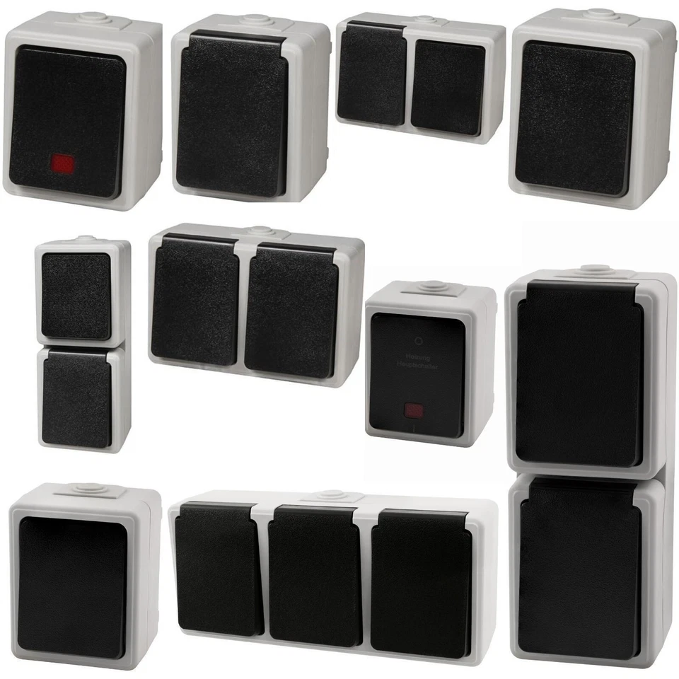 ETT Feuchtraum Aufputz Steckdosen taff Serie IP44 Doppel AP Kombi Schalter f. Außen