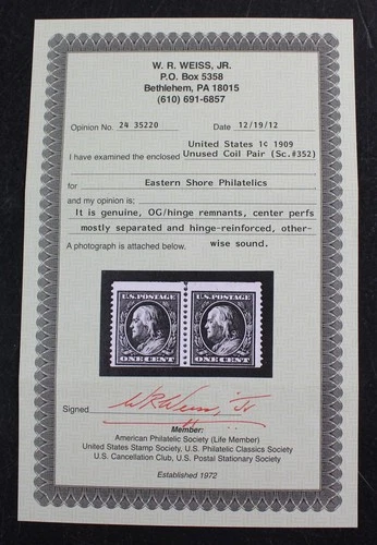 CKStamps: US Stamps Collection Scott#352 1c Franklin Mint H OG 25mm, Cert