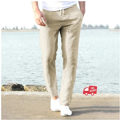 Men's Cotton Linen Pants Male Autumn New Breathable Solid Color Linen Trousers