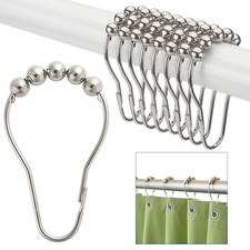 12 Roller Glide Shower Curtain Rings Hooks Clip Rod Stainless Steel Metal Balls