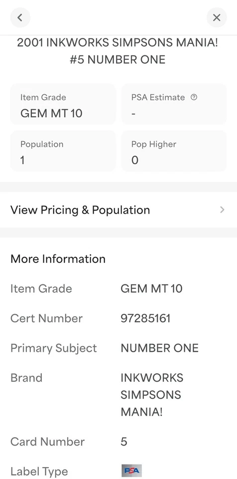 PSA 10 Stonecutter Número Uno 2001 Los Simpson Manía Primera Edición Promo POP 1 Foto 3 de 3