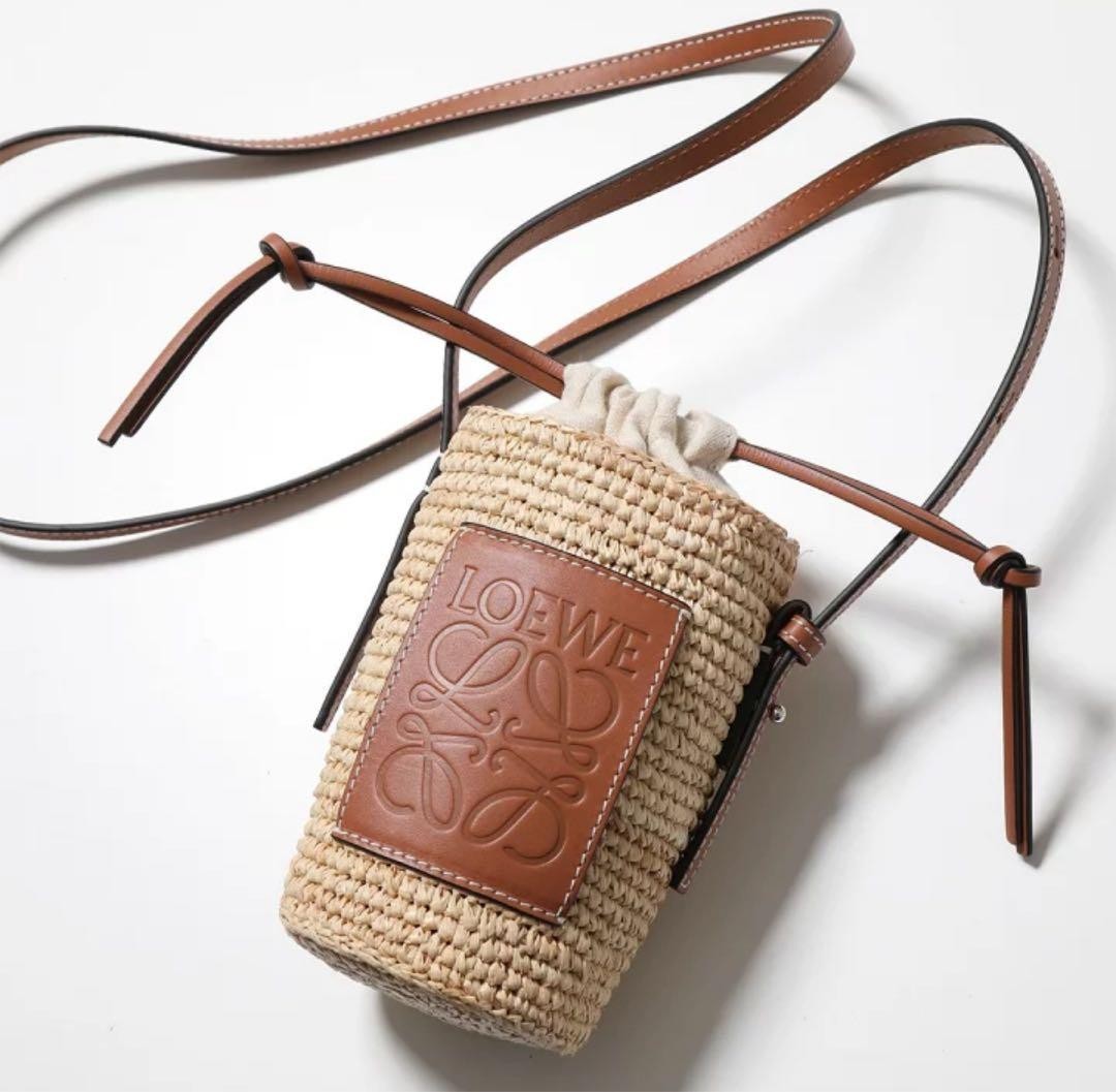 LOEWE Cylinder Pocket Crossbody Bag Raffia Leather Natural Brown