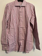Men's Bugatchi Pink Striped Button Up Long Sleeved Dress Shirt 17.5 34/35 Cotton