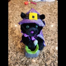 Animated Singing Halloween Black Cat w/ Green Eyes Sound N Light Animatronics