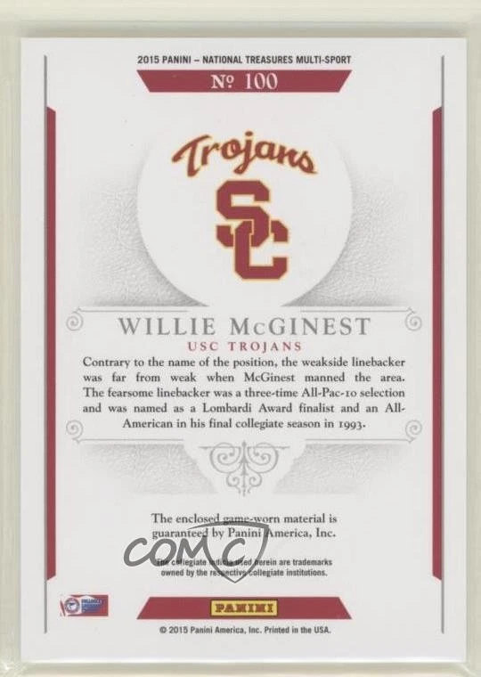 2015 Panini National Treasures College Materials Silver /49 Willie McGinest #100 - Image 2 of 2