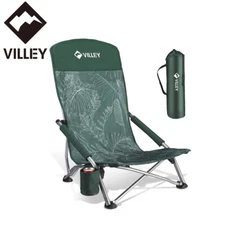 VILLEY High Back Folding Beach Chair Low Beach Chair Carry Bag Cup Holder Green