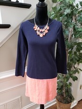 J. Crew Women's Blue Pink 100% Cotton Round Neck Long Sleeve Knee Length Dress S