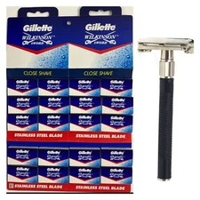 100 Gillette Double Edge Blades & Classic Butterfly Safety Razor Shaver