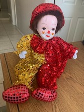 Vintage 18" Porcelain Head Painted Face Clown Cloth Body Wire Arms Mohair