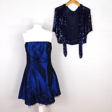 Joe Browns Blue Satin Evening Dress & Cardigan Size 12 Bandeau Layered Netted 