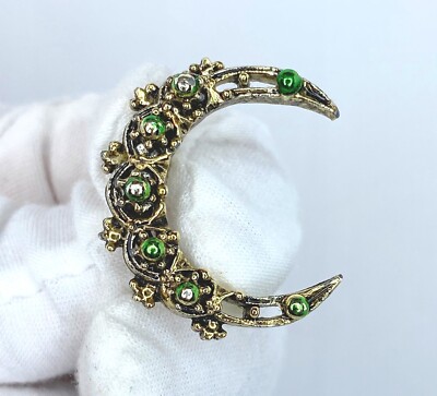 Vintage Crescent Half Moon Green Enamel Flowers Gold Tone Brooch PIN