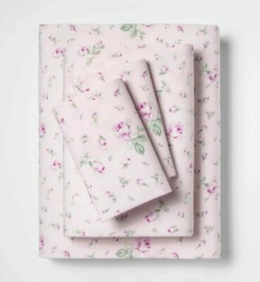 Simply Shabby Chic Antique Garden Pink Green Rose Rosebud Sheet Set - Cal King 