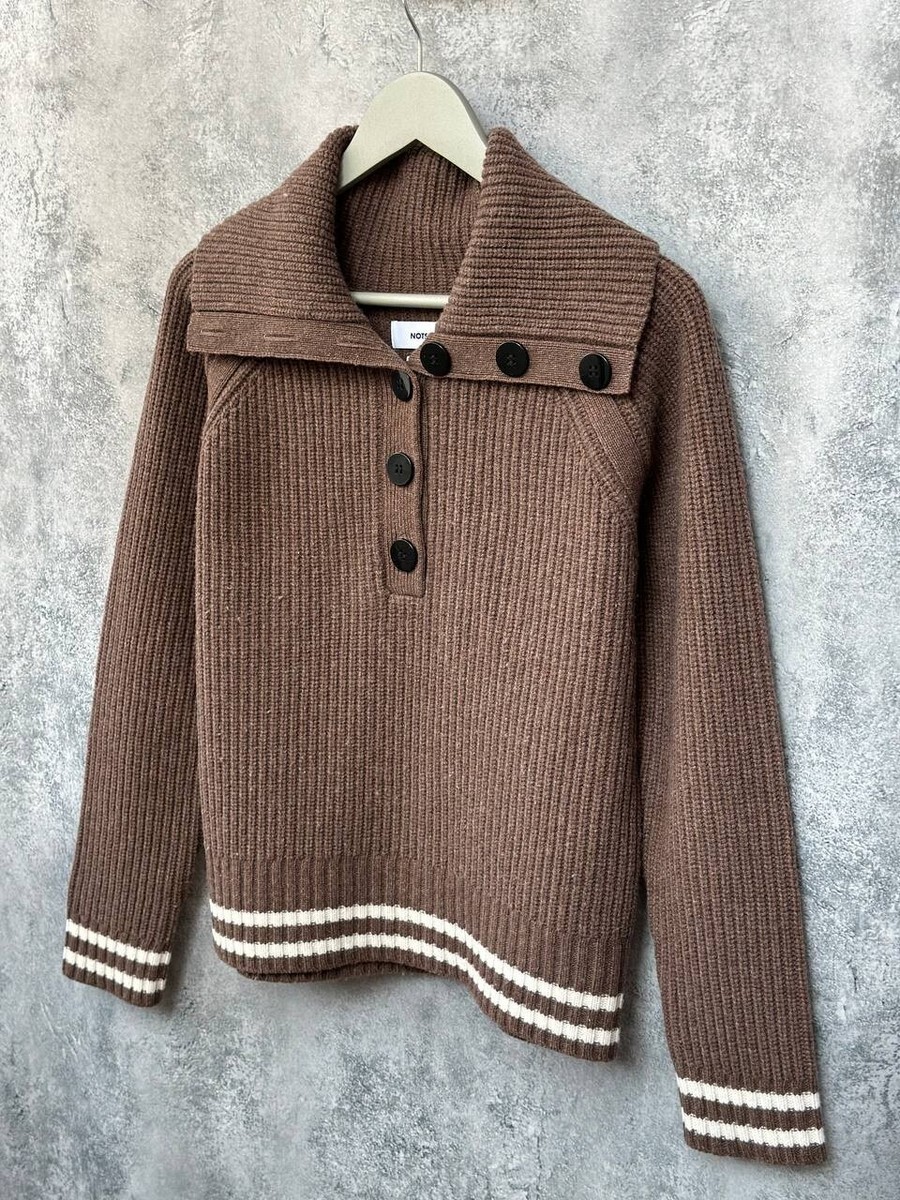 NotShy Cashmere Ribbed Knit Wool Sweater Brown Striped Button Collar Size  Small