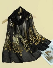 Black Scarf Gold Women’s Fancy Formal Wedding Peacock Shawl Wrap