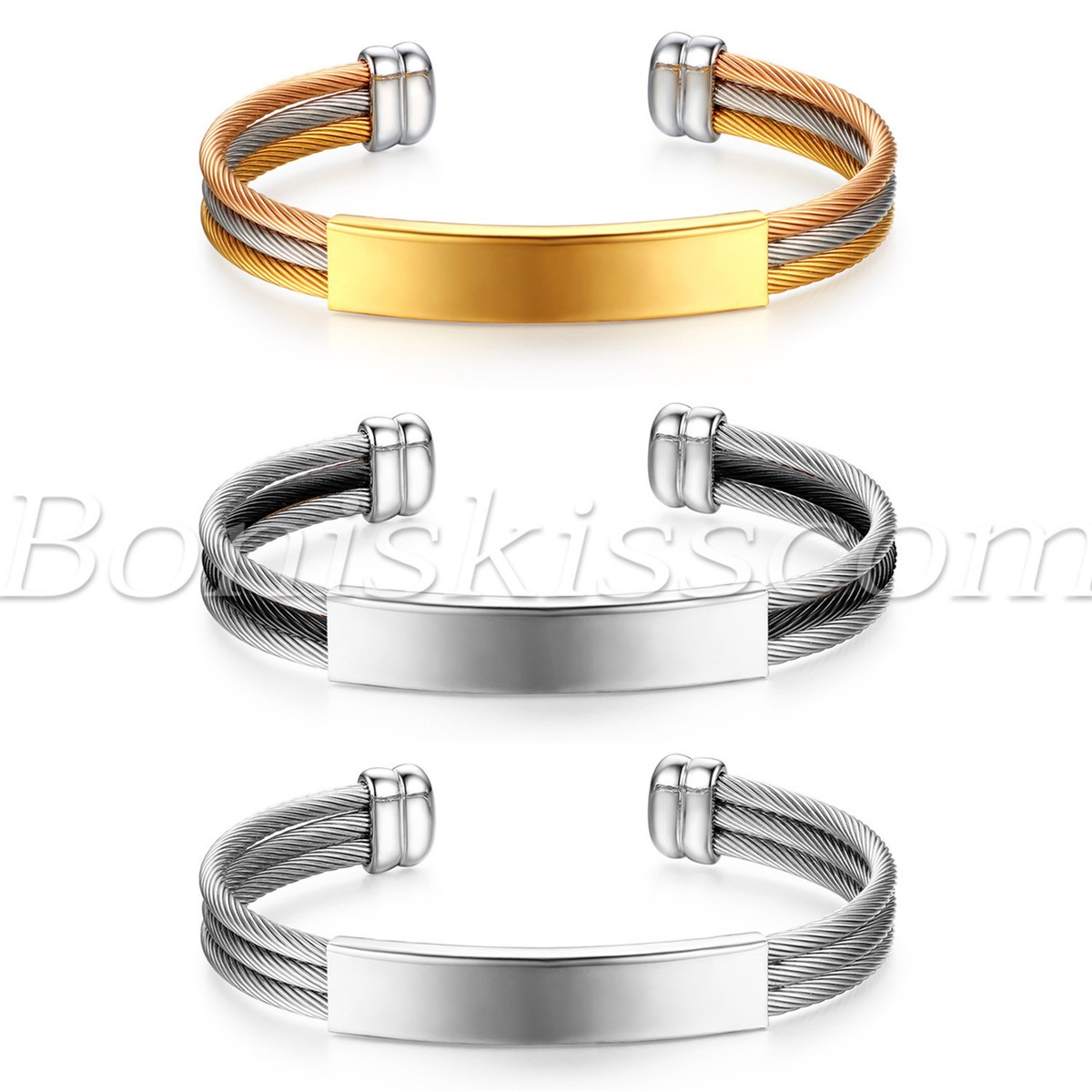 Men Women Stainless Steel Twisted Cable Open End Bangle Bracelet Free  Engraving