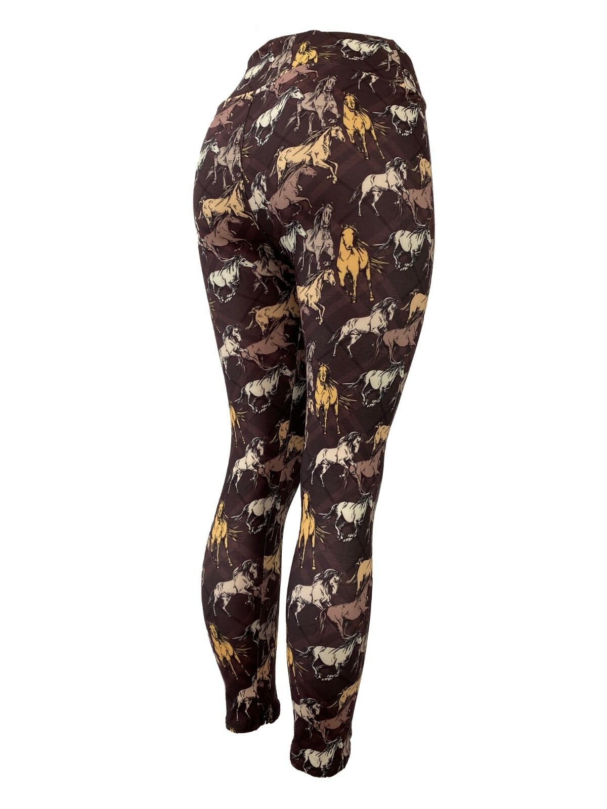 Brown Plaid Pattern With Wild Horses Or Broncos Leggings One Size Curvy Diva