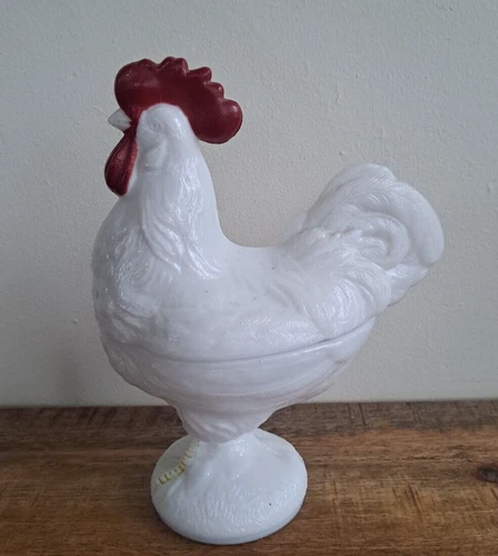 VINTAGE Westmoreland Milk Glass Rooster Covered Candy Dish