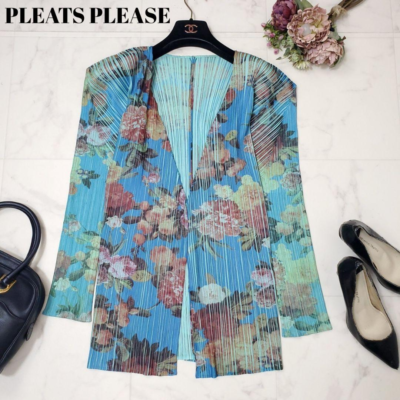 Pleats Please Flower Print Pleated Cardigan Blue Size L Gift From  