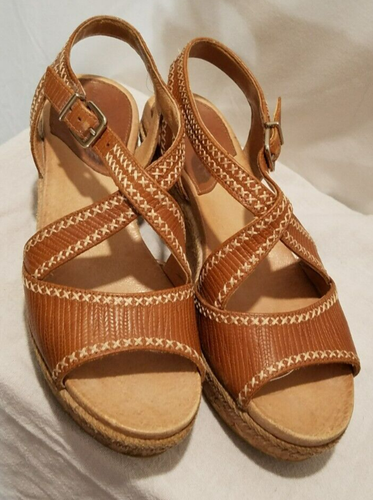NURTURE LILITHE LEATHER CORK WEDGE PLATFORM SANDALS BROWN AND TAN SZ 7 MED #2362 - Picture 2 of 12